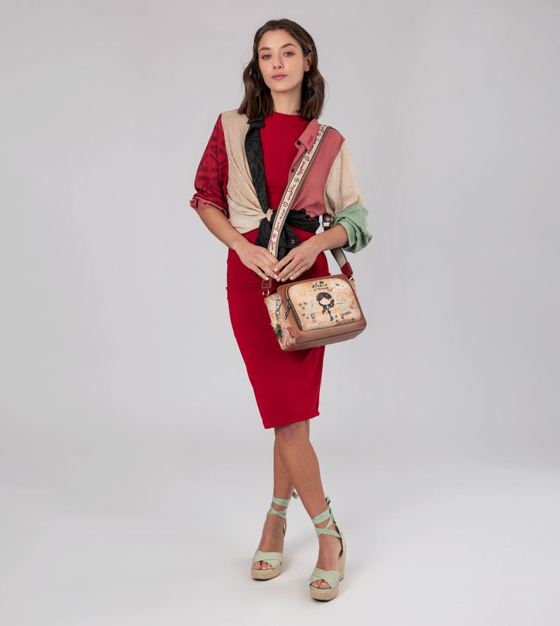 Anekke Peace & Love camel rectangular crossbody bag Libre de impuestos