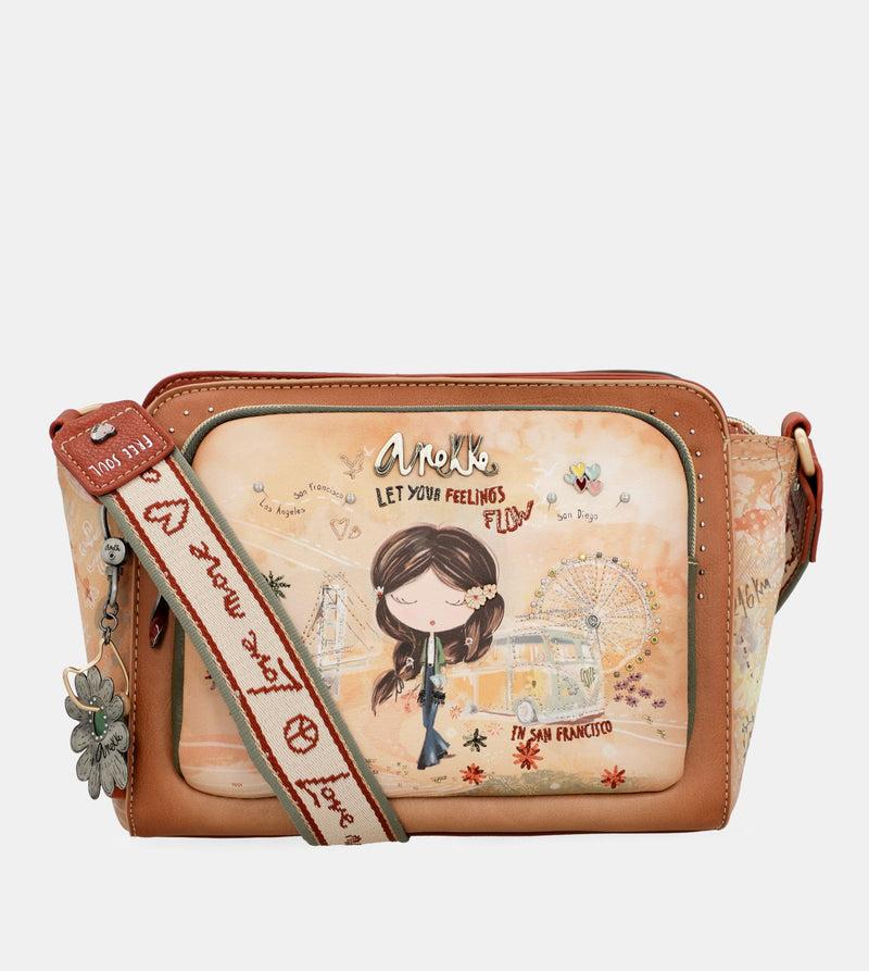 Anekke Peace & Love camel rectangular crossbody bag Libre de impuestos