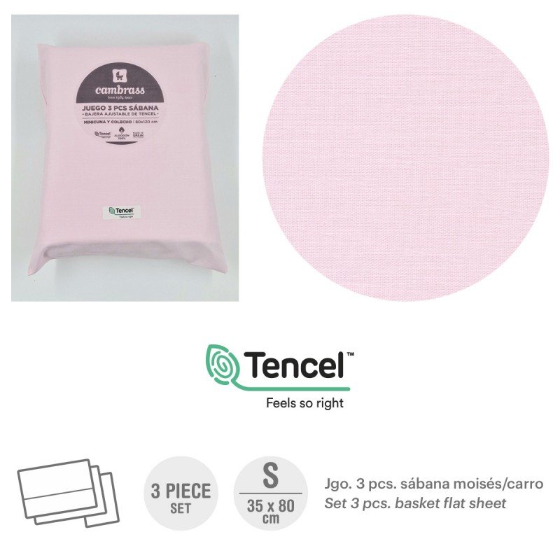 Cambrass TRÍPTICO SÁBANAS MOISÉS/CARRO 35x80x1 CM LISO E ROSA