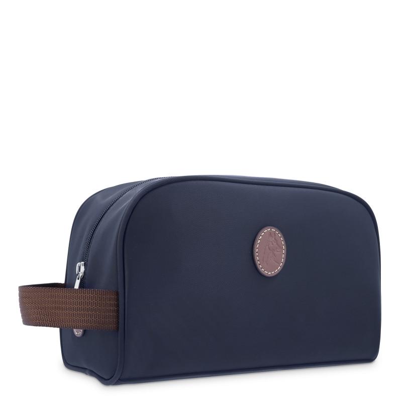 El potro Bolsa de aseo unisex en lona azul y piel vacuno color cuero-Paris Oferta especial de fábrica