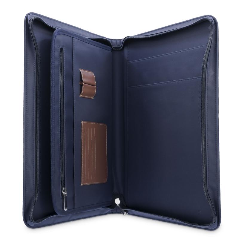 El potro Porta documentos unisex en lona azul y piel vacuno color cuero-Paris Grandes descuentos