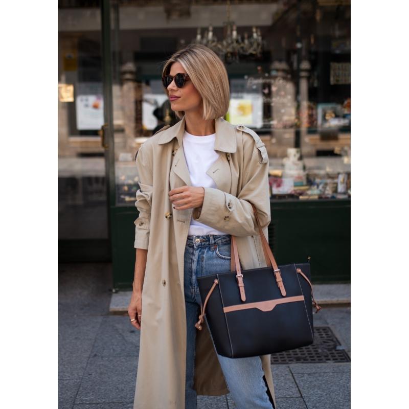 El potro Bolso Shopping mujer en lona y piel vacuno color negro - Base Tienda