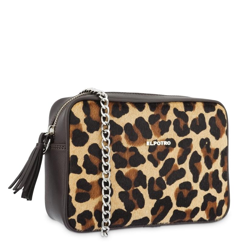 El potro Bolso Bandolera mujer en piel vacuno y lona color marrón - leopardo Ahorra y exporta
