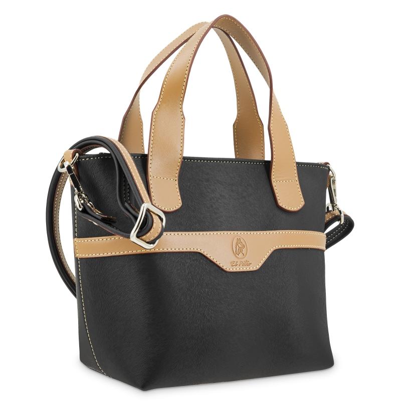 El potro Bolso cesta pequeño de mujer en lona y piel vacuno color negro - Base Descuento por venta flash