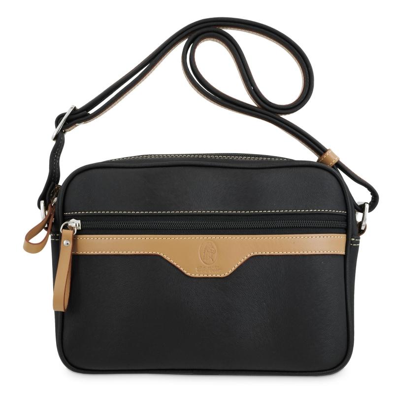 El potro Bolso bandolera cremalleras mujer en lona y piel vacuno color negro - Base Outlet