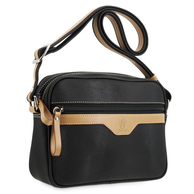 El potro Bolso bandolera cremalleras mujer en lona y piel vacuno color negro - Base Outlet