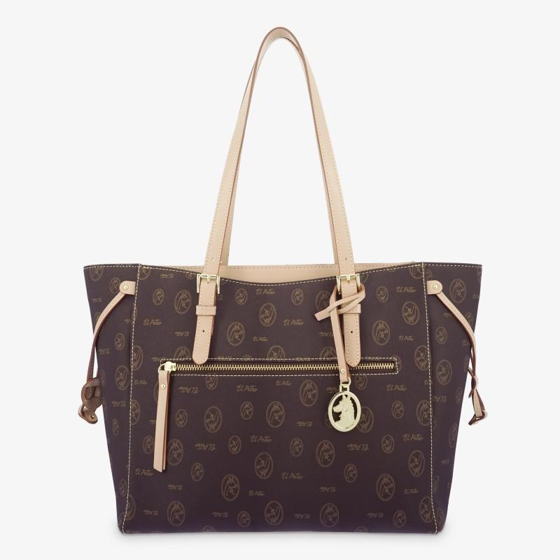 El potro Bolso shopper de lona marrón y piel vacuna cuero con logos-EL POTRO