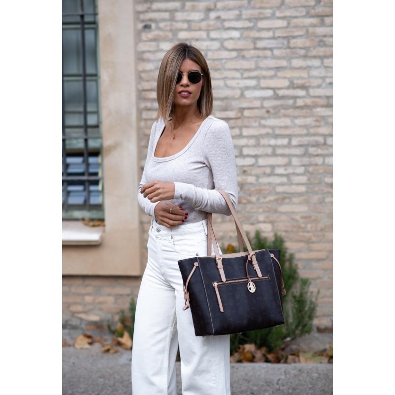 El potro Bolso shopper de lona marrón y piel vacuna cuero con logos-EL POTRO Outlet online