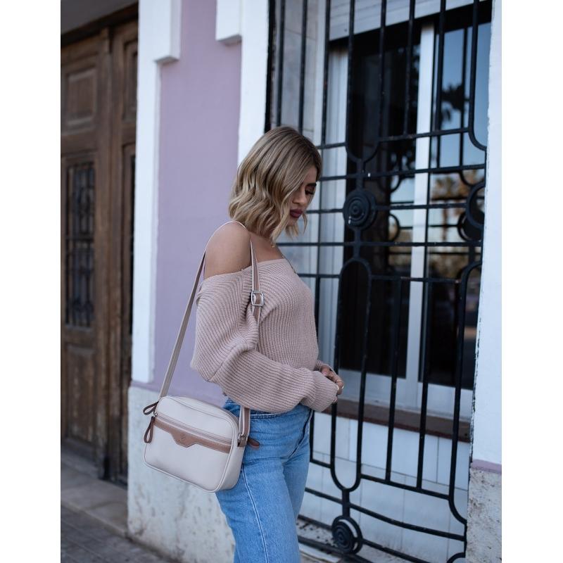 El potro Bolso bandolera cremalleras mujer en lona y piel vacuno color beige - Base Solo hoy