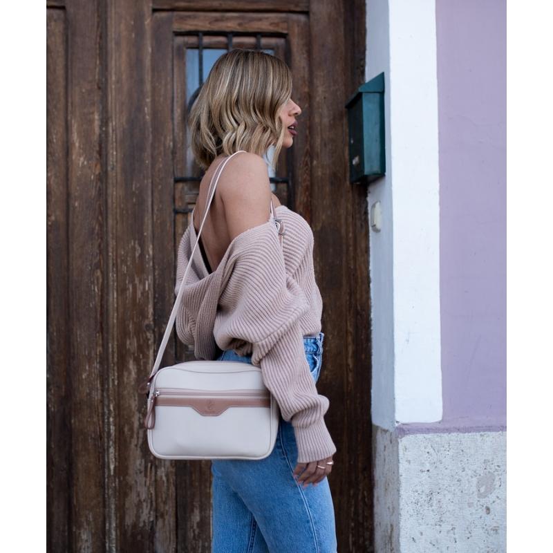 El potro Bolso bandolera cremalleras mujer en lona y piel vacuno color beige - Base Solo hoy