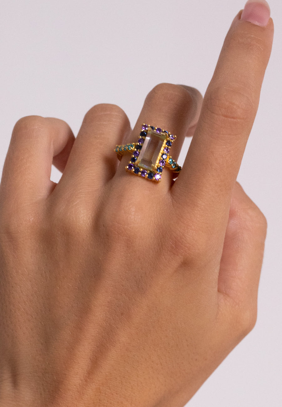 lavani Anillo Rivoli Rosetón Aguamarina y Morado Descuentos del mes