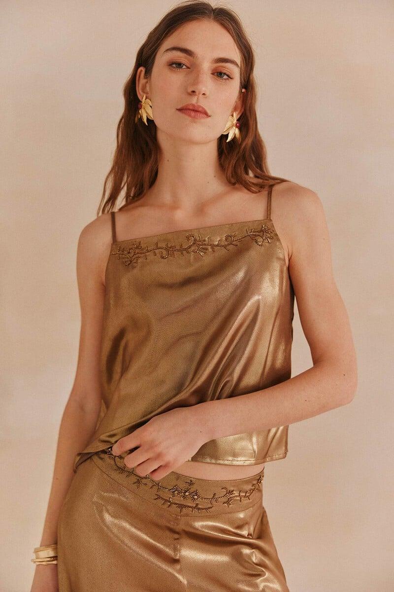 pedro del hierro Camelia. Top lencero dorado Oferta especial
