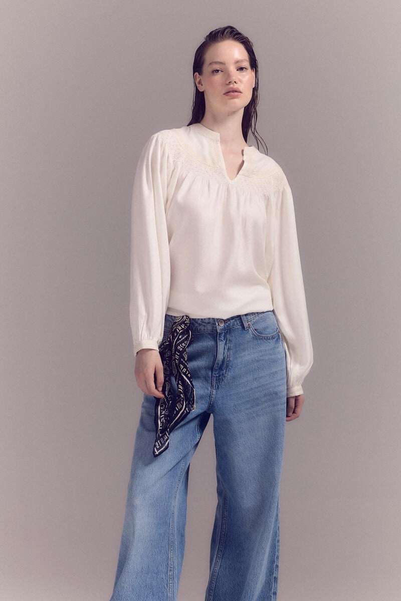 pedro del hierro Blusa blanca bordada Superdescuento