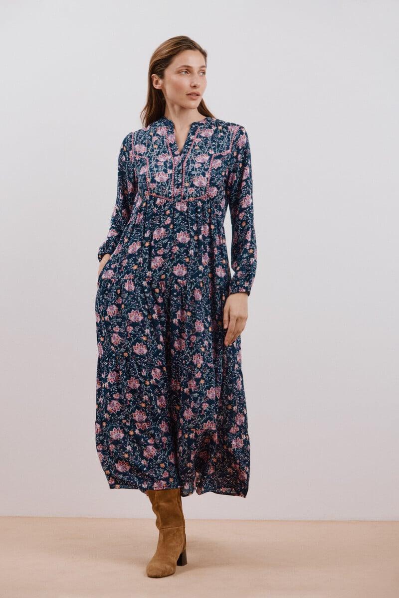 pedro del hierro Vestido largo estampado con bordado a contraste Rebajas top