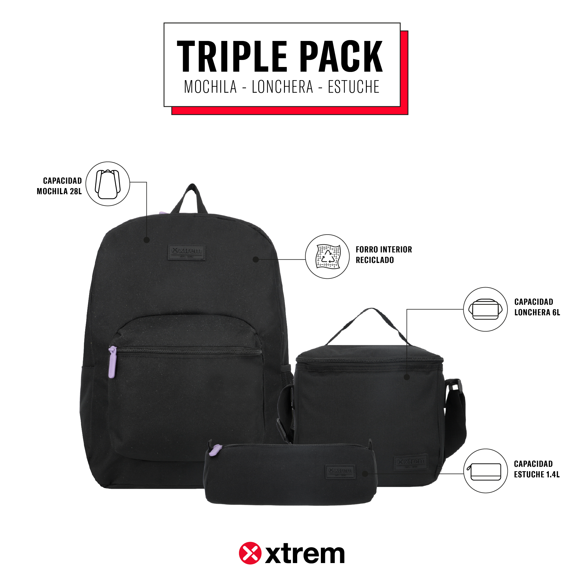 saxoline Set mochila + lonchera + estuche Triple Pack negro/morado Grandes descuentos