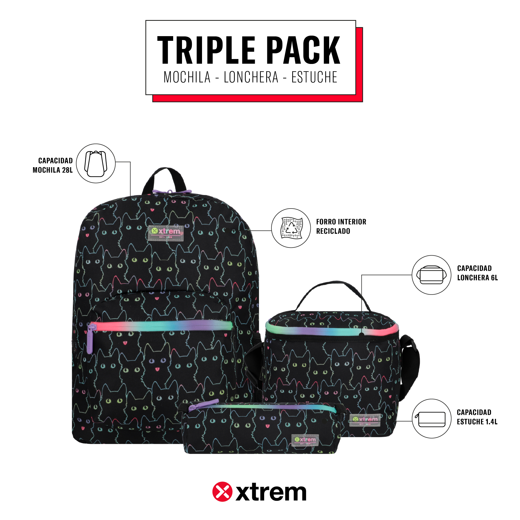 saxoline Set mochila + lonchera + estuche Triple Pack negro gatos Ahorra y exporta