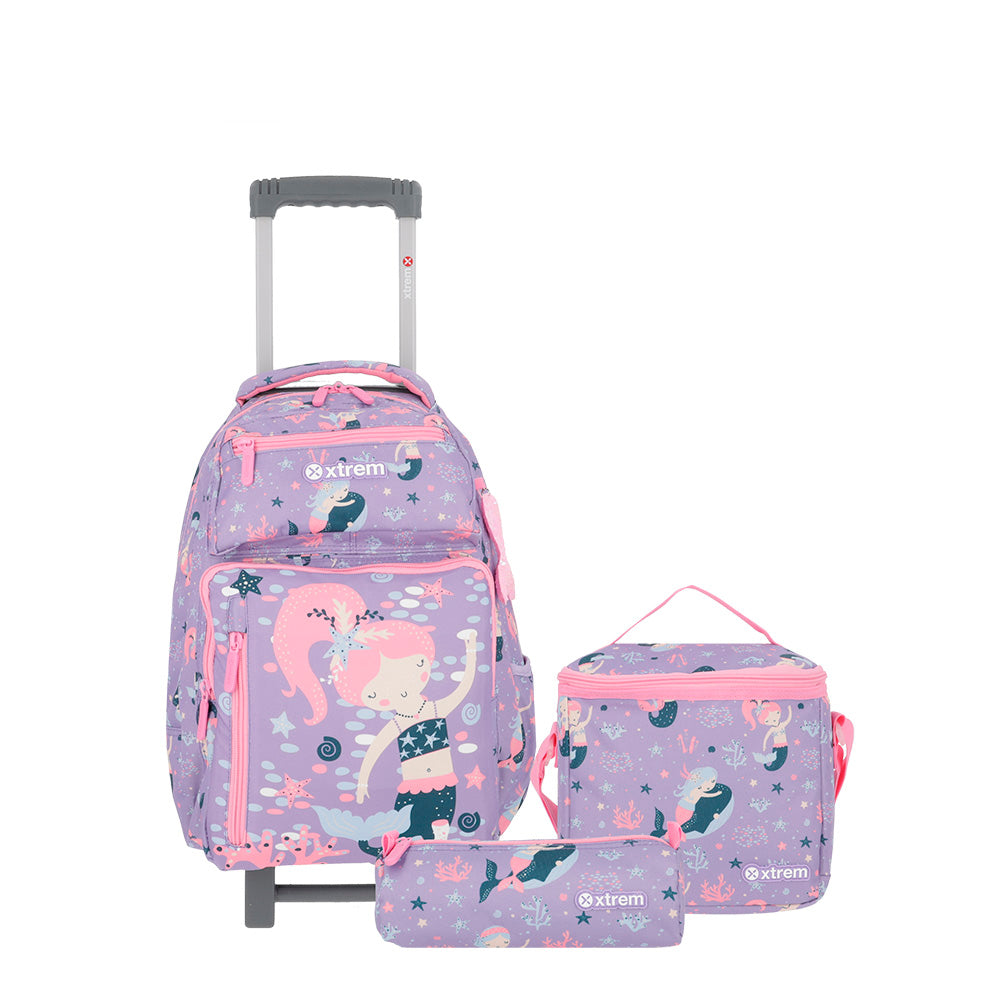 saxoline Set mochila con ruedas + lonchera + estuche New Run Pack Mermaid lila