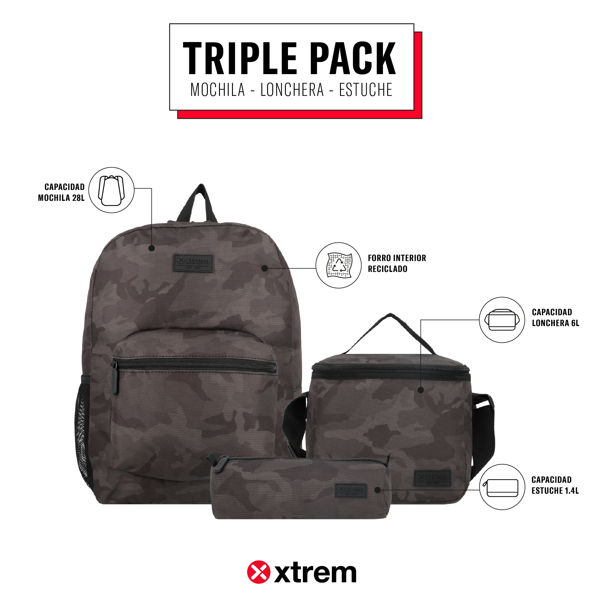 saxoline Set mochila + lonchera + estuche Triple Pack verde camo Libre de impuestos