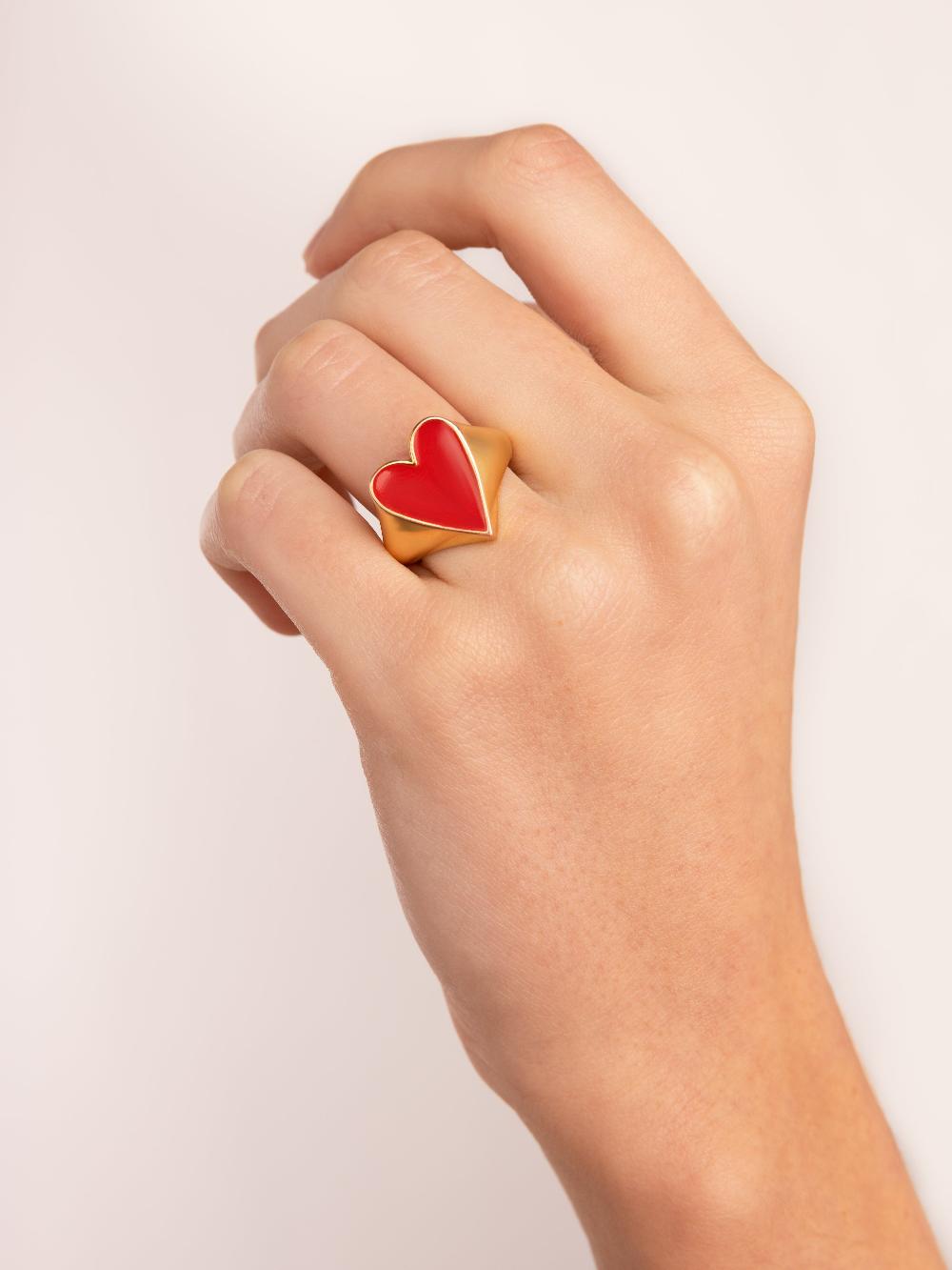 singularu Anillo Lovely Heart Red Enamel Baño Oro En oferta