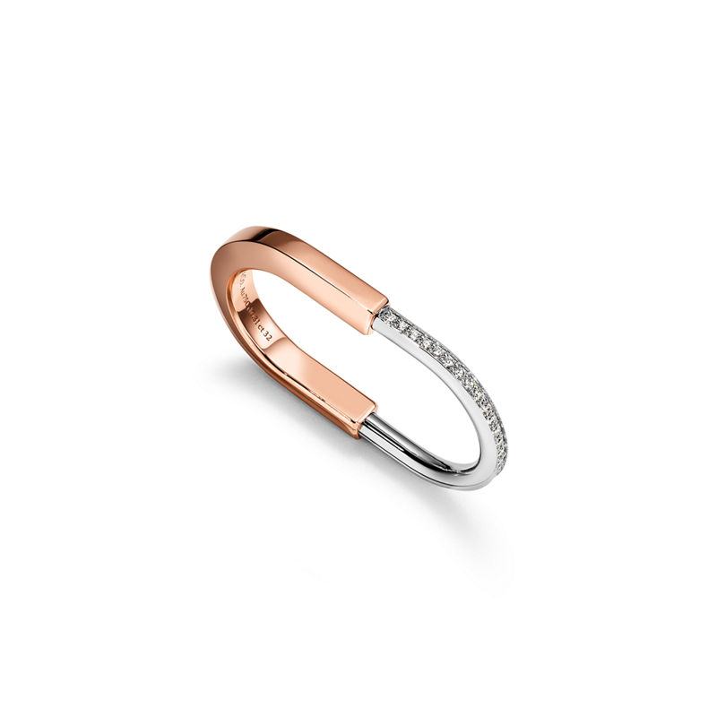 Tiffany & Co. Tiffany Lock Anillo para dos dedos de oro rosa y blanco con diamantes Venta caliente