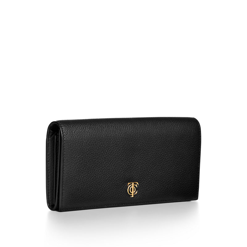 Tiffany & Co. T&CO. Cartera continental de solapa de piel color negro En oferta
