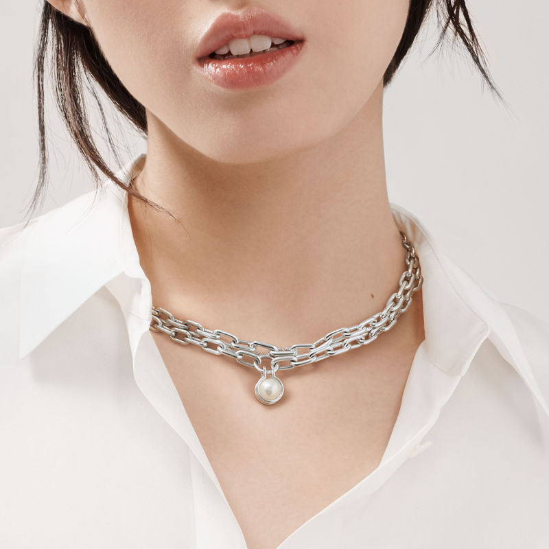 Tiffany & Co. Tiffany HardWear Collar de perla de agua dulce de plata de ley 81 3 cm de plata de ley Liquidación