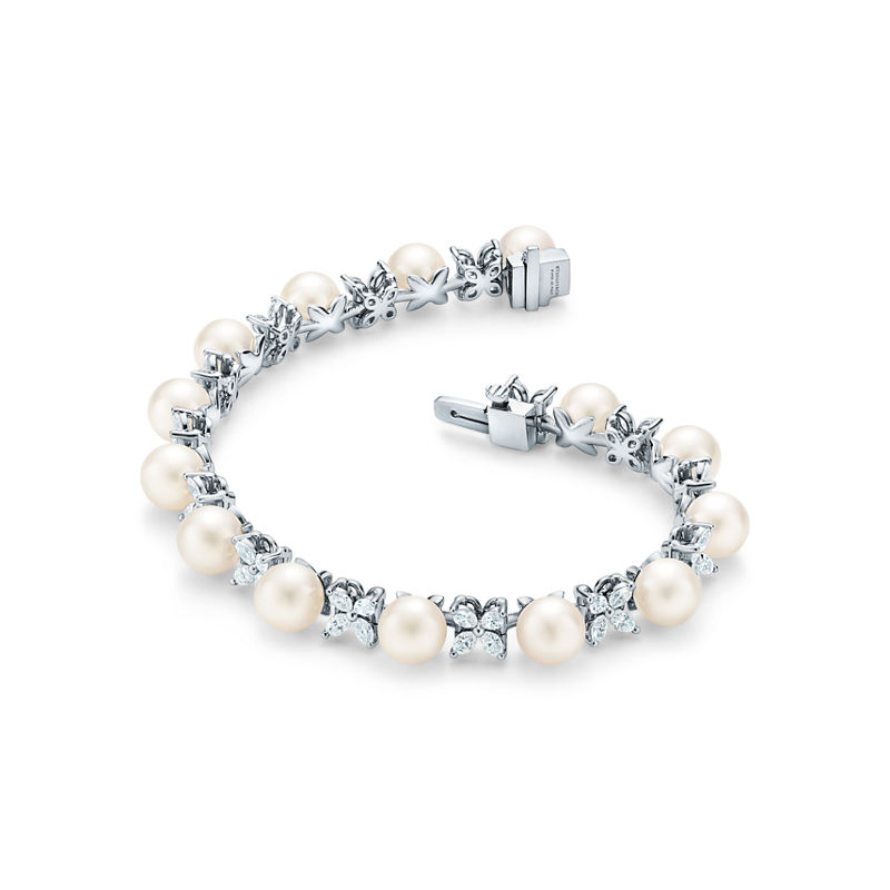 Tiffany & Co. Tiffany Victoria® Pulsera de tenis en platino con diamantes y perlas Oferta especial de fábrica