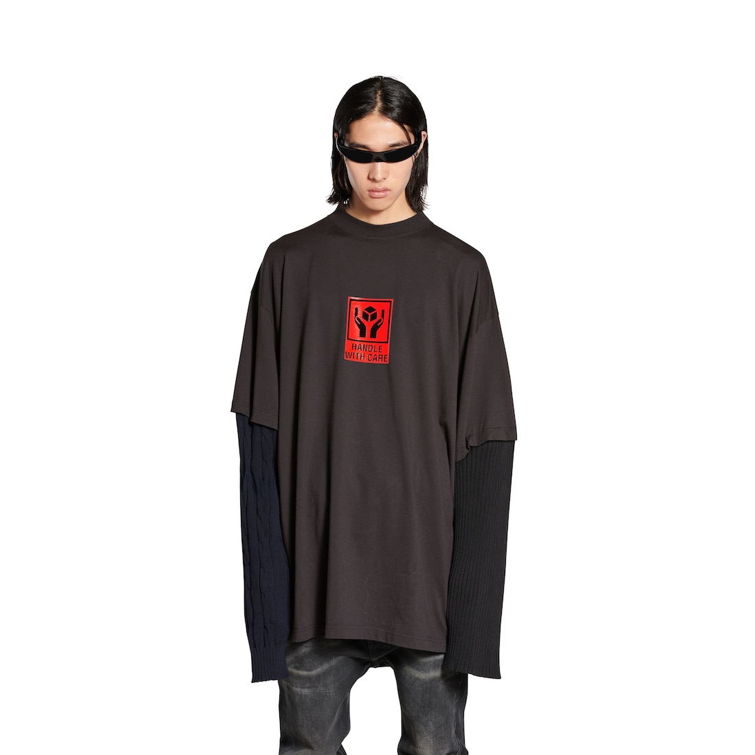 Balenciaga Camiseta Mangas Patched Handle With Care para Hombre en Negro Degradado Oferta especial