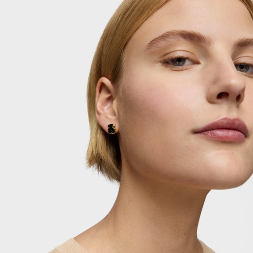 Tous Pendientes oso con baño de oro 18 kt sobre plata y ónix 10 mm Icon Color Liquidación