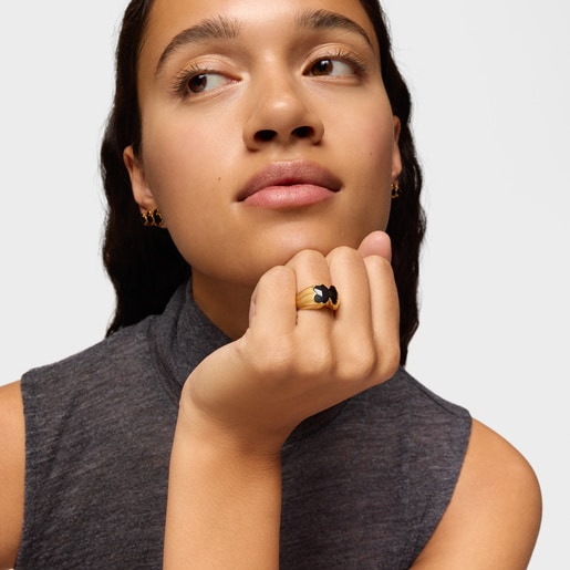 Tous Anillo mediano con baño de oro 18 kt sobre plata y motivo oso en ónix Icon Color Tienda de fábrica