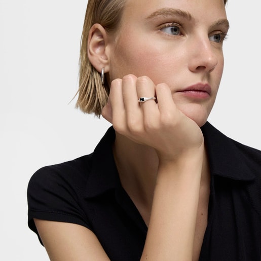 Tous Anillo pequeño de plata y motivo oso en ónix Icon Color Liquidación