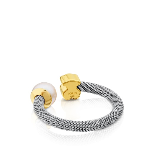 Tous Anillo de acero y oro con perla cultivada motivo oso Icon Mesh Limitado a 3 días