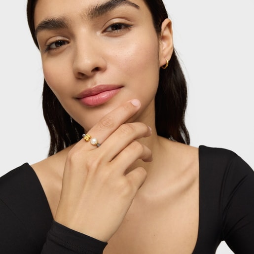 Tous Anillo de acero y oro con perla cultivada motivo oso Icon Mesh Limitado a 3 días