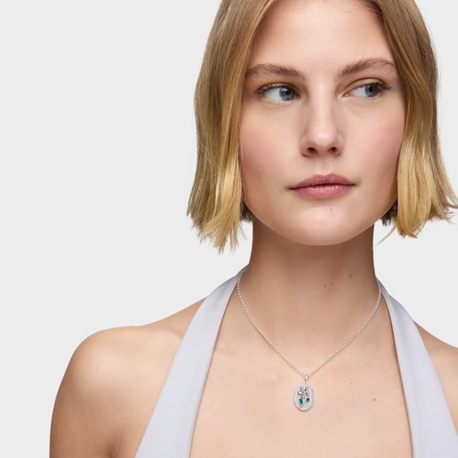 Tous Colgante medalla de plata y calcedonia verde Daisy Ofertas